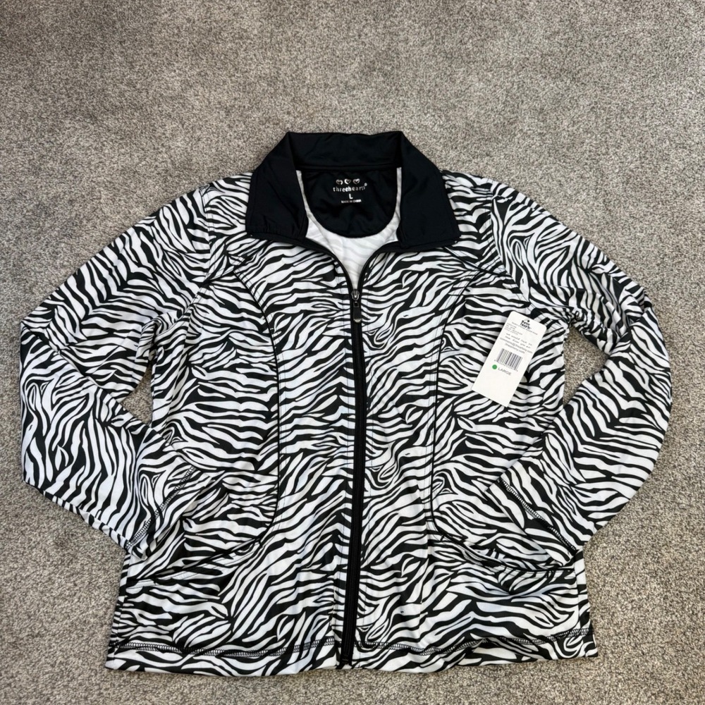 Three Hearts Womens Zebra Print Zip Front Active Jacket Black White Large NWT